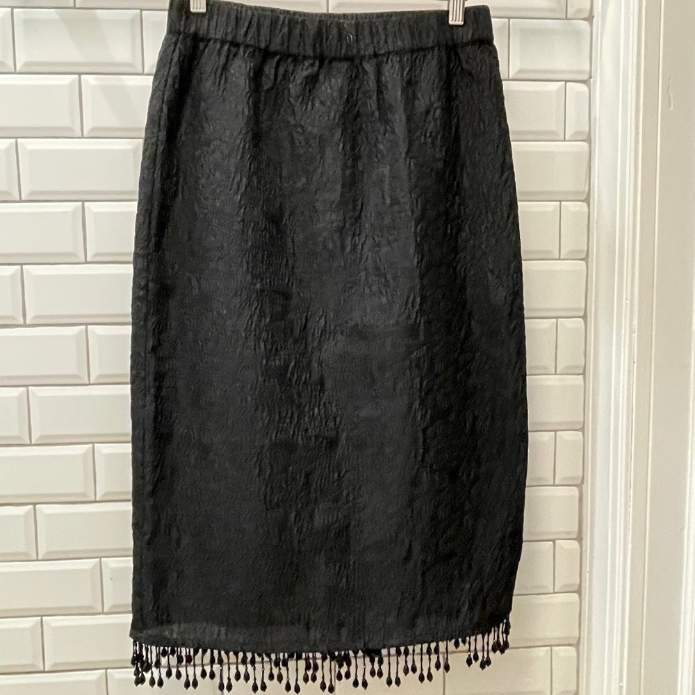 Ganni Elastic Waist Crinkle Midi Skirt Black Beaded Size M